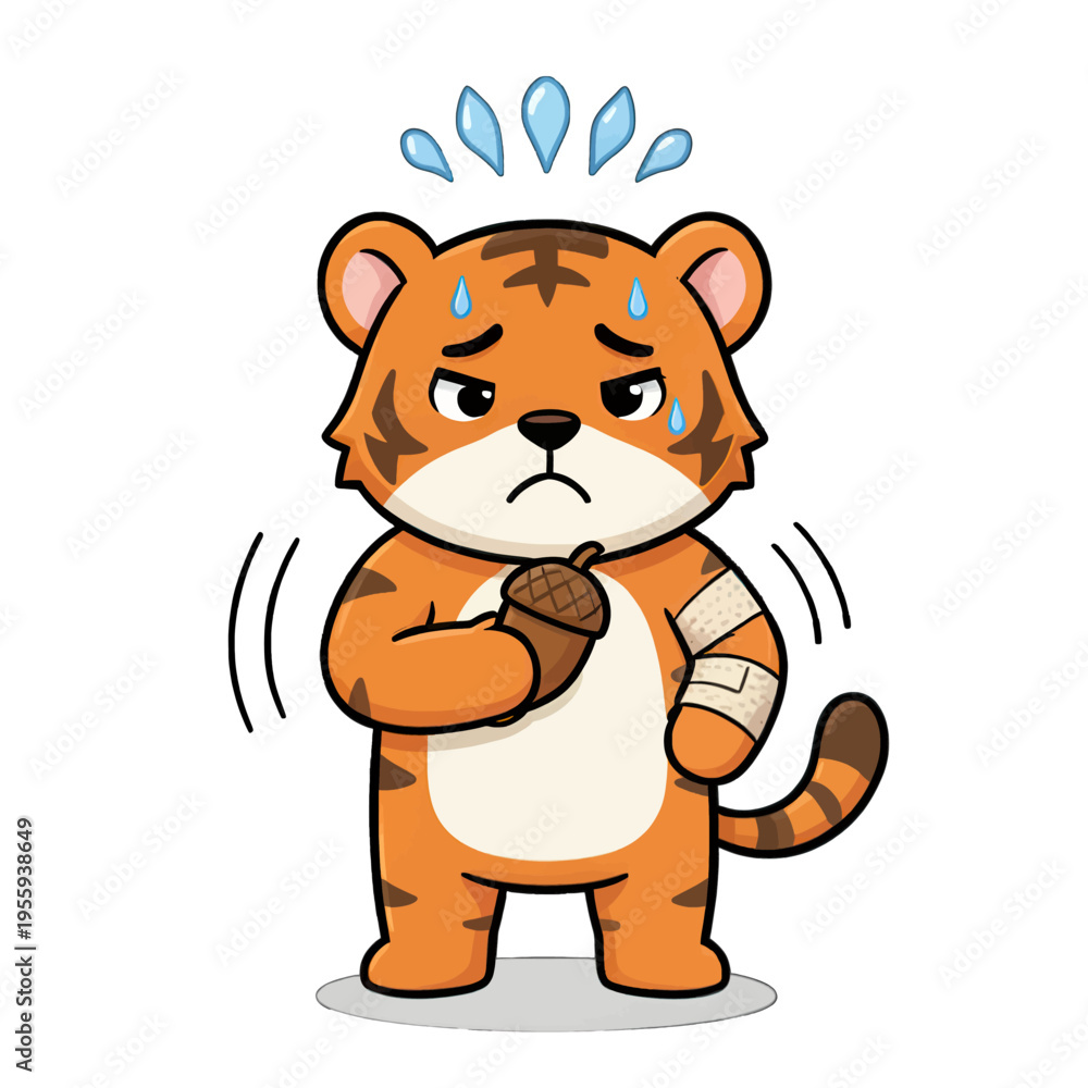 Fototapeta premium Cartoon Tiger with Bandaged Arm and Ice Pack, Sad Expression, Vector Illustration