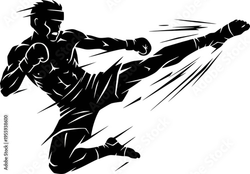 MMA finisher head kick silhouette in the octagon. High energy mixed martial arts fighter action for tournament branding and gym wall graphics