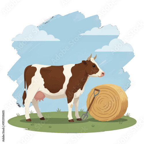 Cartoon Cow Vector Illustration with Hay Roll, Farm Animal Isolated on Transparent Background