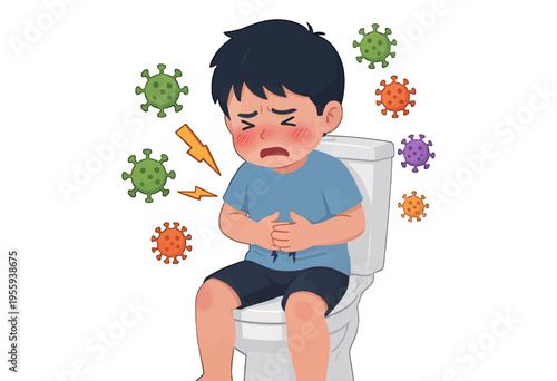 Child Experiencing Stomach Pain Vector Illustration with Virus Particles, Healthcare and Illness Concept