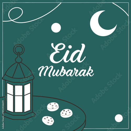 Luxurious Eid Mubarak Scene with Lantern, Sweets, and Golden Typography.