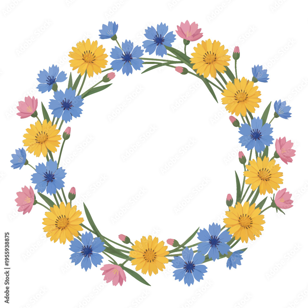 Fototapeta premium Colorful Floral Wreath Vector, Isolated Illustration for Spring Design, Card, and Invitation