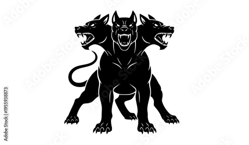 Three headed Cerberus dog silhouette in powerful symmetrical pose black mythological creature vector isolated on white