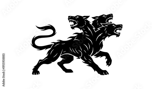Dynamic Cerberus three headed dog silhouette in aggressive motion pose black fantasy creature vector isolated on white