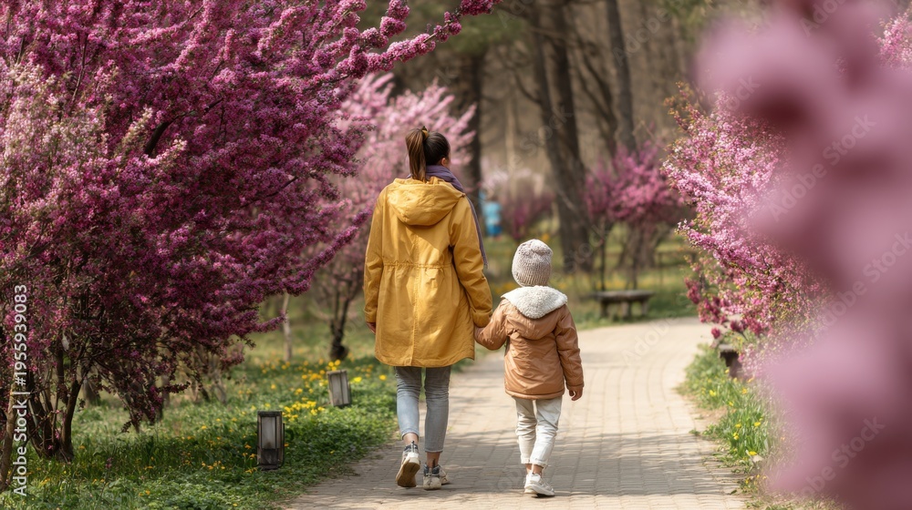 Fototapeta premium A mother and child walking hand in hand in a spring park