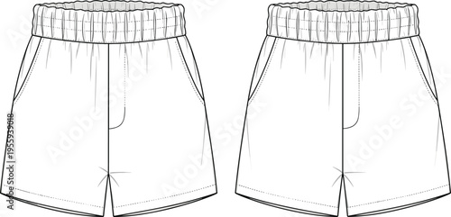 Women’s casual jumpsuit with gathered elastic waist, functional side pockets, long raglan sleeves, technical fashion flat sketch, cad drawing flat vector illustration