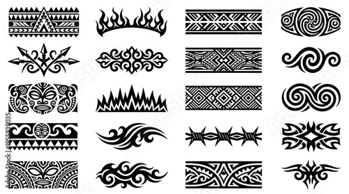 Collection of tribal ornamental borders and elements for graphic design and tattoo art inspiration