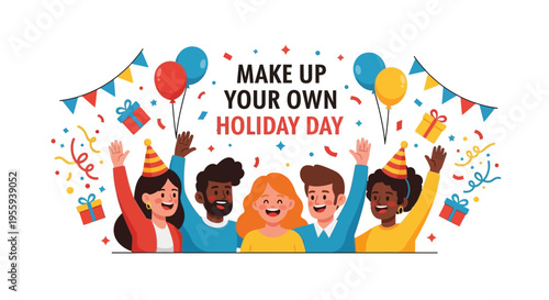 A vibrant illustration of diverse people celebrating and making up their own holiday day with colorful decorations and party elements.