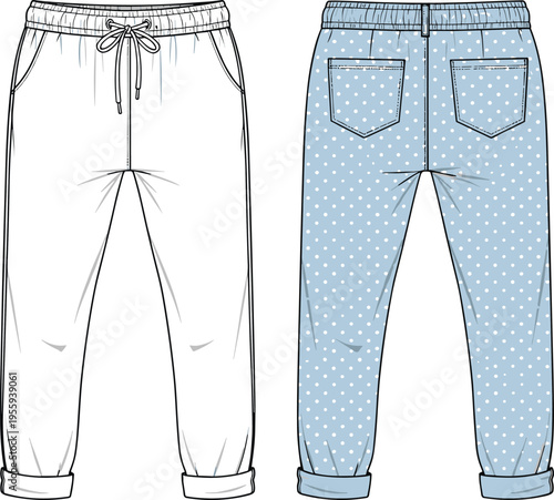 Women’s comfortable drawstring joggers with functional side pockets and cuffed hems, technical fashion flat sketch, cad drawing flat vector illustration