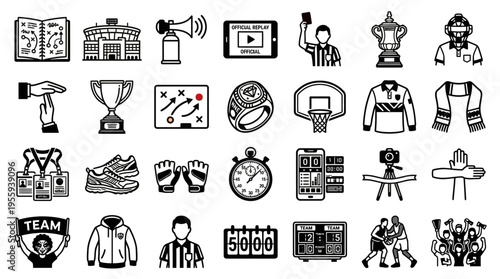 Set of icons related to sports and games, featuring equipment, players, and field strategies for a comprehensive visual representation of athletic activities and competitions