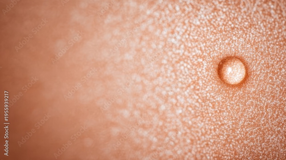 Fototapeta premium Delicate spherical droplet sits on a warm peach-toned granular surface in extreme close-up, evoking purity and calm for skincare, hydration, or minimalist background concepts.