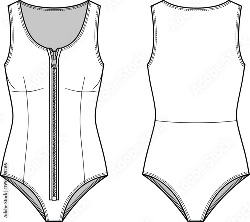 Women’s front zip-up tank leotard, sleeveless bodysuit technical fashion flat sketch, cad drawing flat vector illustration for activewear apparel design