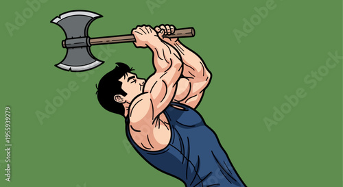 muscular man swinging large axe cartoon illustration