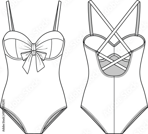 Women’s classic one-piece swimsuit with front bow detail and strappy crisscross back, cad drawing flat vector illustration for apparel design