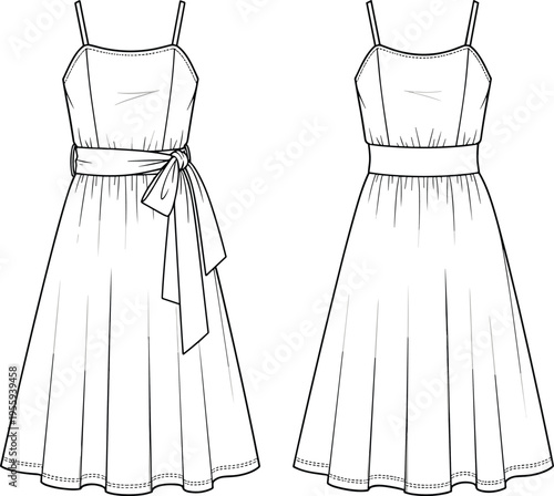Women’s sleeveless midi dress with tie-waist detail, technical fashion flat sketch, cad drawing flat vector illustration for apparel design set