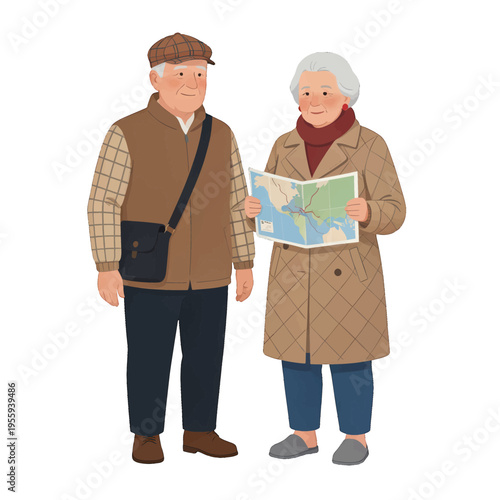 Elderly Couple Traveling with Map Vector Illustration, Senior Adventure Concept for Travel and Tourism