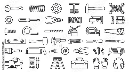 A large set of black linear icons of construction and repair tools for home improvement. Vector collection for DIY, workshop, or engineering infographics and design elements.