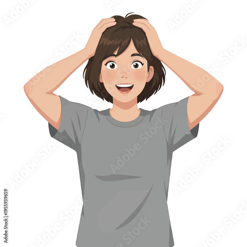 Excited Woman Pulling Hair Vector Illustration, Happy and Surprised Expression, Simple Character Design