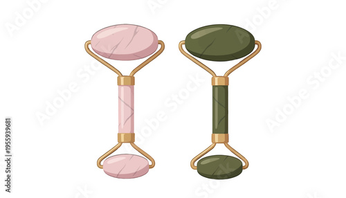 Facial Roller Beauty Tool Illustration Set, Jade and Rose Quartz Spa Vector Icons for Wellness and Skincare