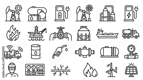 A set of energy industry line icons. Includes symbols for oil, gas, fuel, electricity, and renewable power. Vector illustration for web, infographics, and presentations.