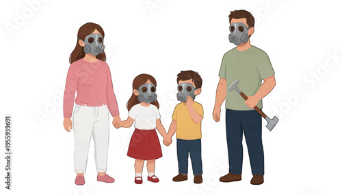 Family Wearing Gas Masks Vector Illustration, Pandemic Preparedness, Safety Concept, Isolated