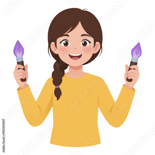 Female Artist Holding Paintbrushes Illustration Vector, Isolated Cartoon Character for Creative Designs