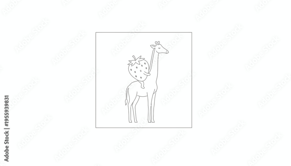 Fototapeta premium Whimsical Giraffe with Strawberry on Back, Cute Line Art Illustration