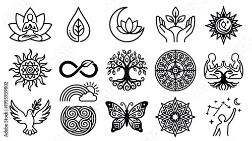 A set of black linear spiritual icons for yoga and meditation. Symbols include lotus, tree of life, sun, moon, and dove for wellness, harmony, and esoteric concepts.