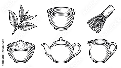 Set of hand-drawn tea ceremony accessories in a vintage engraving style. Features teapot, matcha whisk, cup, and leaves. Perfect for elegant branding and packaging.