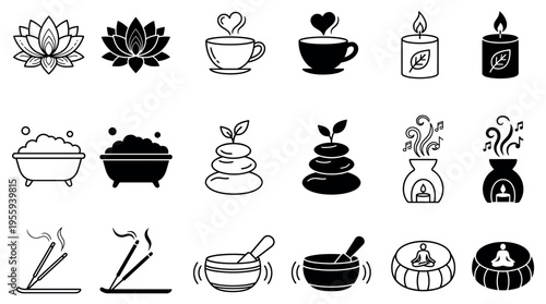 A set of spa, meditation, and relaxation icons. Includes lotus, candle, and zen stones. Perfect for wellness branding, yoga studios, and mindful living designs.