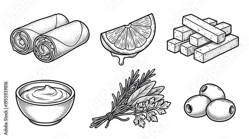Set of hand-drawn food icons in a vintage engraving style. Includes spring roll, lemon, herbs, and olives. Perfect for restaurant menus, packaging, and recipe illustrations.
