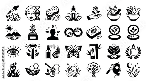A set of black vector icons for natural beauty, cosmetics, and spa themes. Perfect for organic skincare branding, wellness websites, packaging, and beauty product illustration.