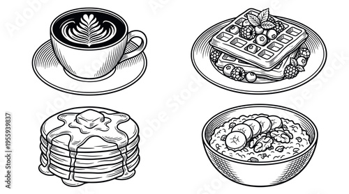 A set of classic breakfast food icons. Hand drawn vector illustrations of coffee, waffles, pancakes, and oatmeal. Perfect for cafe menus, branding, or food packaging designs.