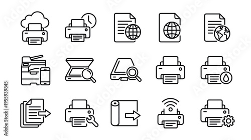 A minimalist set of printer and scanner line icons. Includes symbols for cloud, wireless printing, and repair. Ideal for UI/UX design, websites, apps, and tech infographics.