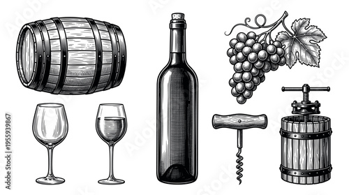 A vintage set of winemaking icons in a classic engraving style. Featuring a barrel, bottle, grapes, and glass. Ideal for winery branding, labels, and menus.