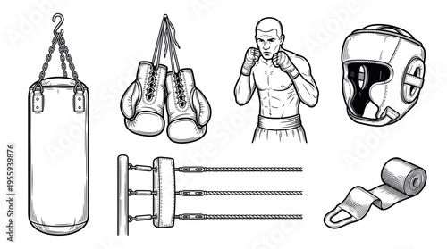 A hand-drawn vector set of vintage boxing icons. Includes a fighter, gloves, punching bag, and ring. Ideal for gym logos, sports design, and fitness branding.