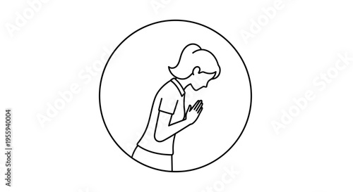 Woman Bowing Respectfully, Praying Hands Gesture, Greeting, Gratitude, Japanese Culture Icon