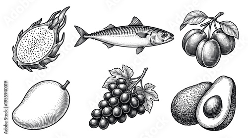 A set of vintage food illustrations in a black and white engraving style. Includes fruit and fish, perfect for menus, packaging, or restaurant branding designs. Vector art.