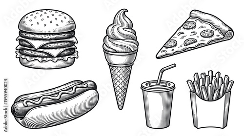 A vintage set of fastfood illustrations in a hand-drawn engraving style. Perfect vector icons for a retro restaurant menu, packaging, or graphic design projects. Classic junk food.