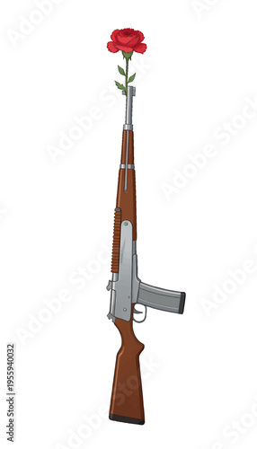 Gun with Red Rose Isolated Vector, Minimalist Symbol for Peace and Anti-War Concept