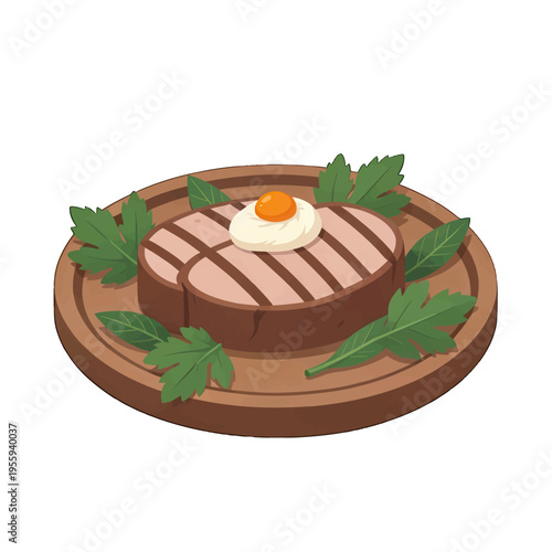 Grilled Steak with Fried Egg and Parsley Garnish Vector, Isolated for Food and Restaurant Use