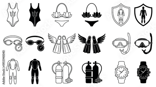 A versatile set of vector icons for scuba diving and swimming. Includes gear like wetsuits, masks, and aqualungs in both line and solid glyph styles for various design projects.