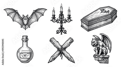 A set of vintage gothic horror icons for Halloween. Includes bat, coffin, and gargoyle in a detailed engraving style. Perfect for spooky designs, tattoos, or party decor.
