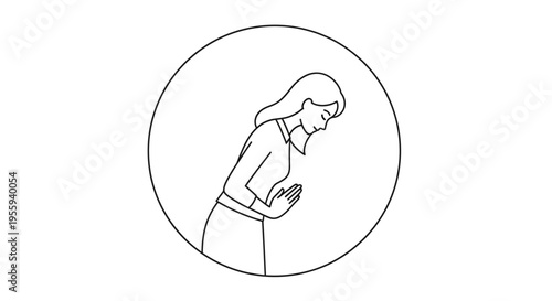 Woman bowing with hands together in greeting or apology, simple line art in circle
