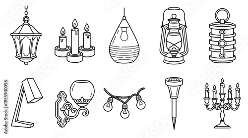 A versatile set of lighting icons. Includes modern and vintage lamps, lanterns, and candles. Perfect for graphic design, web elements, infographics, and decorative projects.