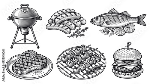 A set of vintage barbecue food illustrations. Includes grill, steak, burger, fish, sausage, and kebab. Perfect for menus, packaging, or restaurant branding. Engraving style.