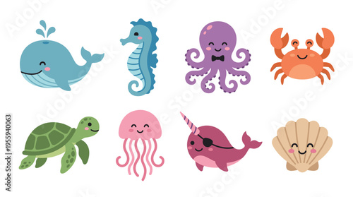A cute collection of cartoon sea animal characters. Includes a whale, octopus, and turtle. Perfect for nursery decor, kids' designs, and baby shower themes. Vector illustration.