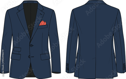 Dark blue tailored men's blazer technical fashion flat sketch with pocket square, notched lapel, double vents, and ticket pocket detail.Dark 