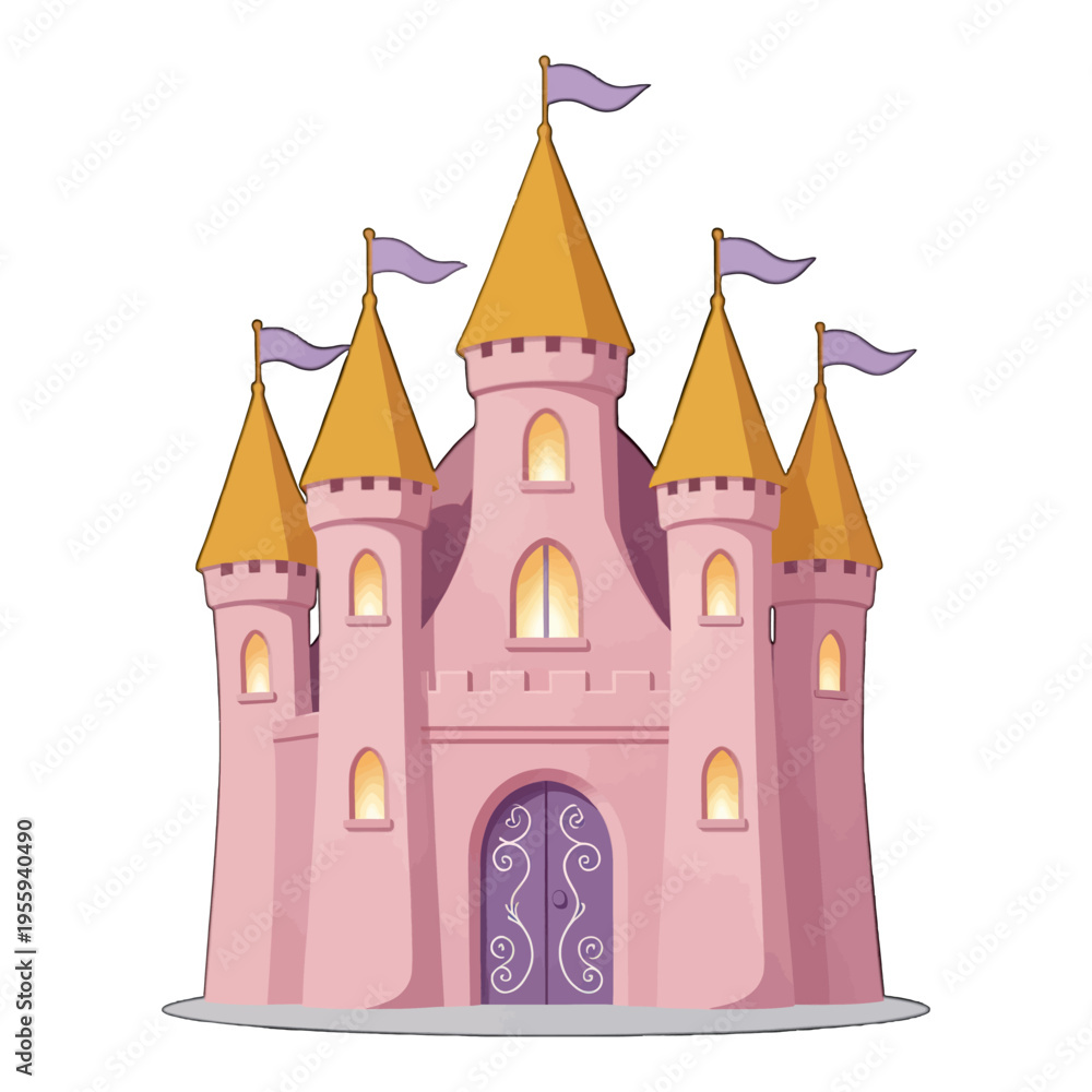 Obraz premium Pink Castle Illustration Vector, Fairytale Design with Flags for Kids and Fantasy Projects