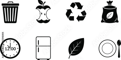 Waste management and food sustainability icon set featuring trash bin, apple core, recycling symbol, compost bag, refrigerator, and leaf icons